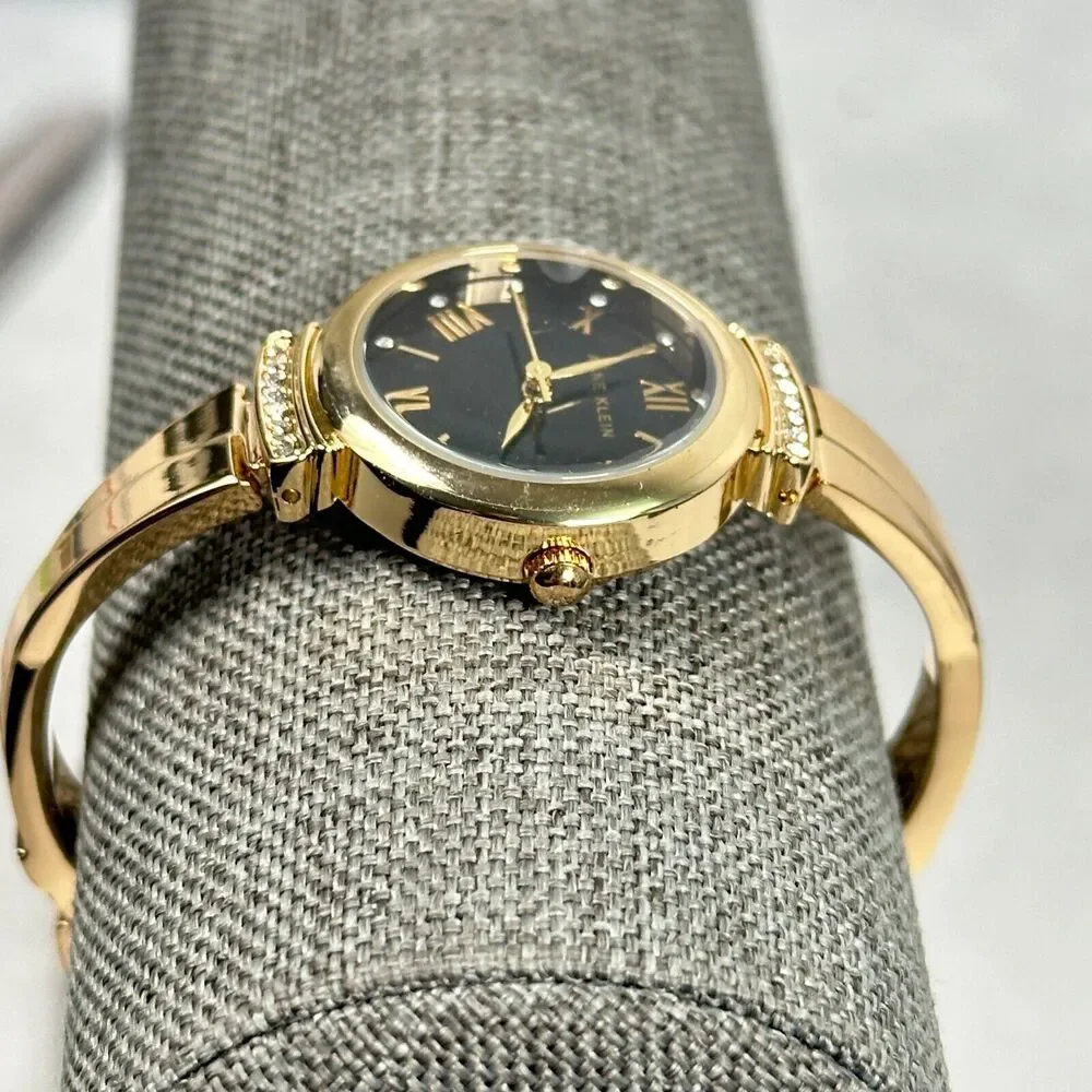 Anne Klein Watch Womens 16mm Round Black Dial Crystal Lugs Elegant New Battery